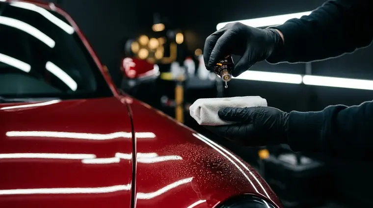 Detailer applying ceramic coating to a glossy red car